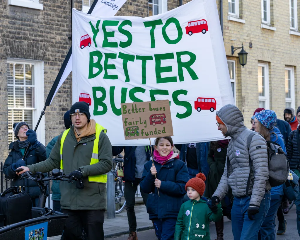 Hundreds of residents from across Cambridgeshire gathered in central Cambridge on Saturday, despite freezing temperatures, to attend a walking bus event organised by the Cambridge Parents for the Sustainable Travel Zone. PHOTO: Jeremy Peters