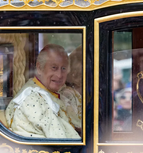 PIC BY GEOFF ROBINSON PHOTOGRAPHY. Picture dated May 6th show Kings Charles with Queen Camilla, after the Coronation as they return to Buckingham Palace.