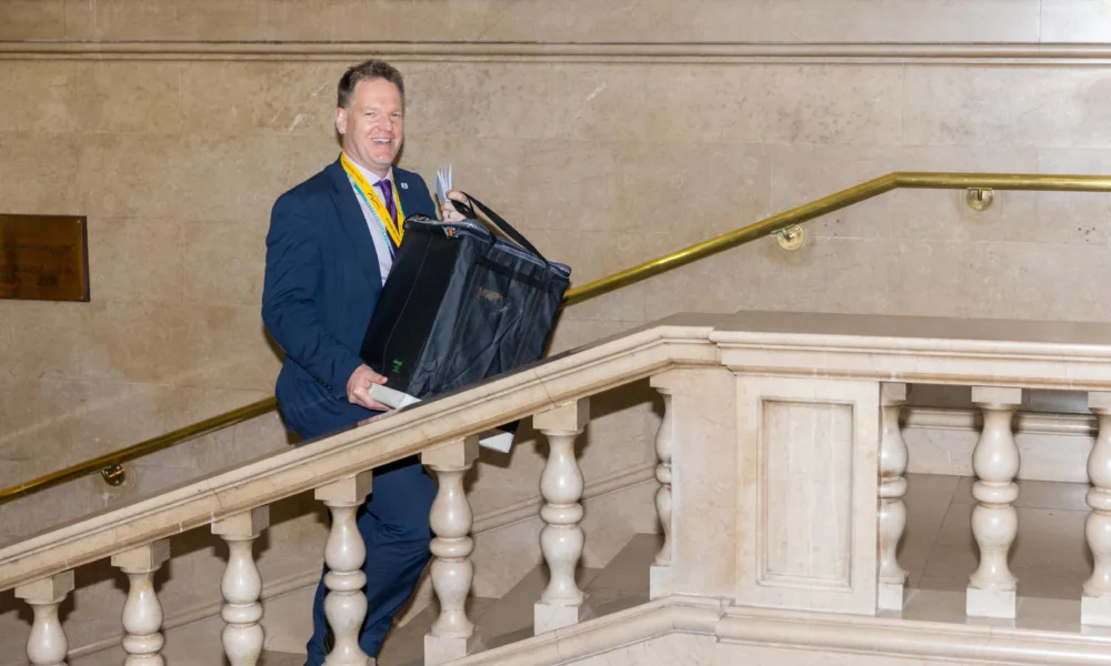 Pictured Matt Gladstone (Chief Exec Peterborough Council) Carries in the last ballot box for Peterborough. Local election count and results, Town Hall, Peterborough Friday 05 May 2023. Picture by Terry Harris