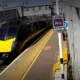 Station CCTV image of the train slowing down at Peterborough platform 1 following the over speeding incident at 1300 hours on 4 May 2023. (Photo courtesy of LNER).