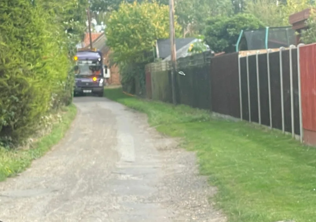 “Atkinsons Lane, Elm is a single lane track; it is totally unsuitable for use as an access route to the proposed site” was the view of the parish council. The photo of a refuse lorry using the lane was provided to Fenland Council in November 21, and published on their planning portal.