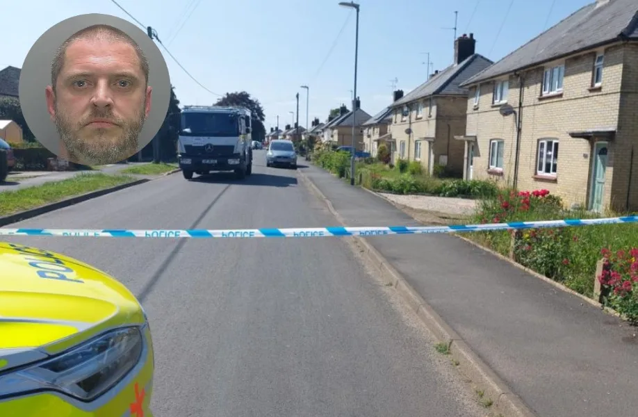 Convicted paedophile Paul Page (inset) and the police cordon in May in Parson’s Lane, Littleport.