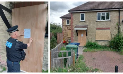 Sgt Kevin Sutcliffe fixes the closure order to the front of 9 Queens Meadow, Cambridge