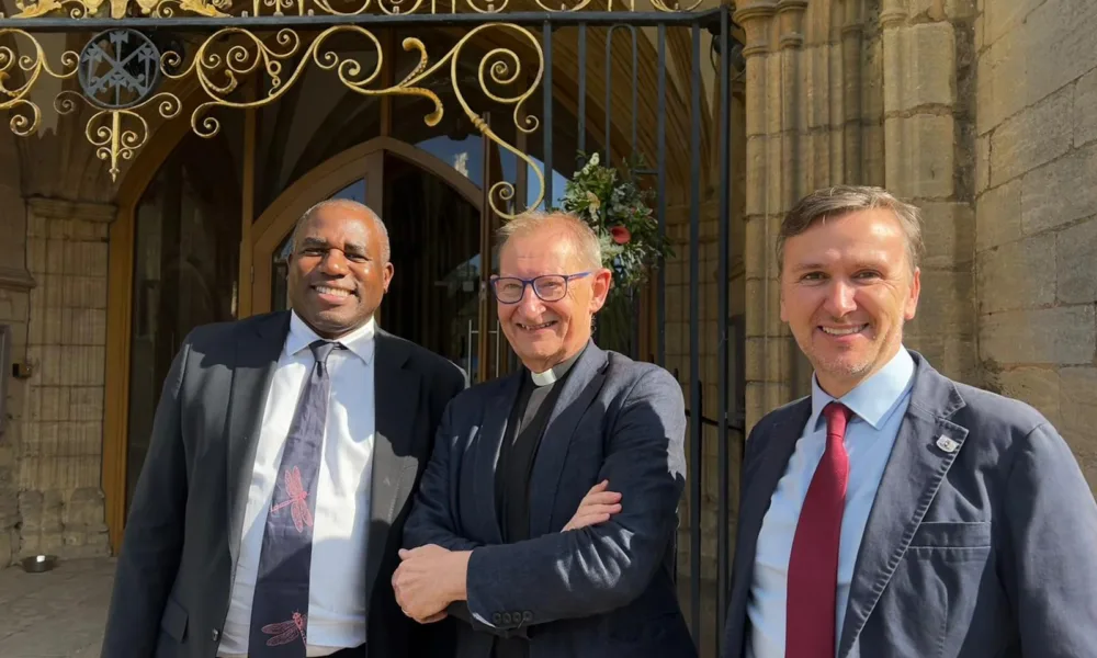 Dean of Peterborough Cathedral, the Very Revd Chris Dalliston, with David Lammy, Shadow Foreign Secretary, and Peterborough prospective Parliamentary candidate Andrew Pakes