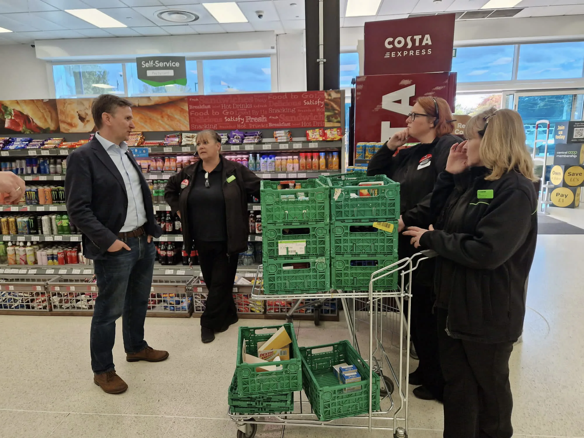 Andrew Pakes, Labour Parliamentary candidate for Peterborough, visiting Co-op stores in the city to discuss greater protection for shop workers and increased neighbourhood policing