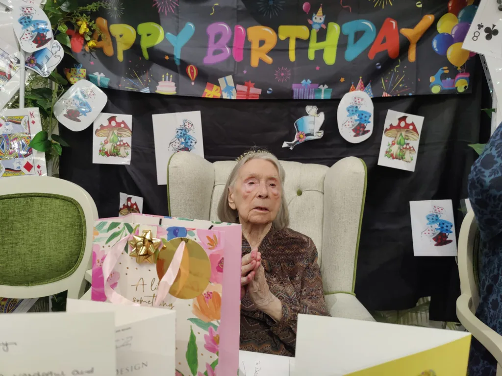 104th birthday celebrations for Dorothy, a resident of Hilton Park care home, Bottisham, Cambridgeshire.