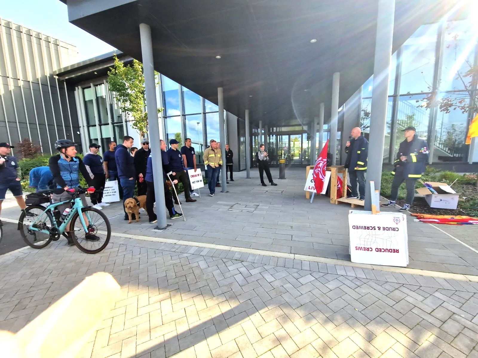 Cambridgeshire Fire Brigade Union stage protest outside New Shire Hall, Alconbury, over cuts to crews they say could ‘end in tragedy’. PHOTO: Cambs FBU