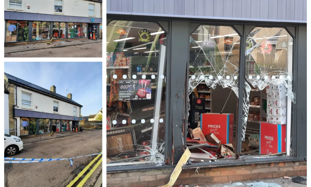 Aftermath of unsuccessful ram raid at Linton Co-op in South Cambridgeshire