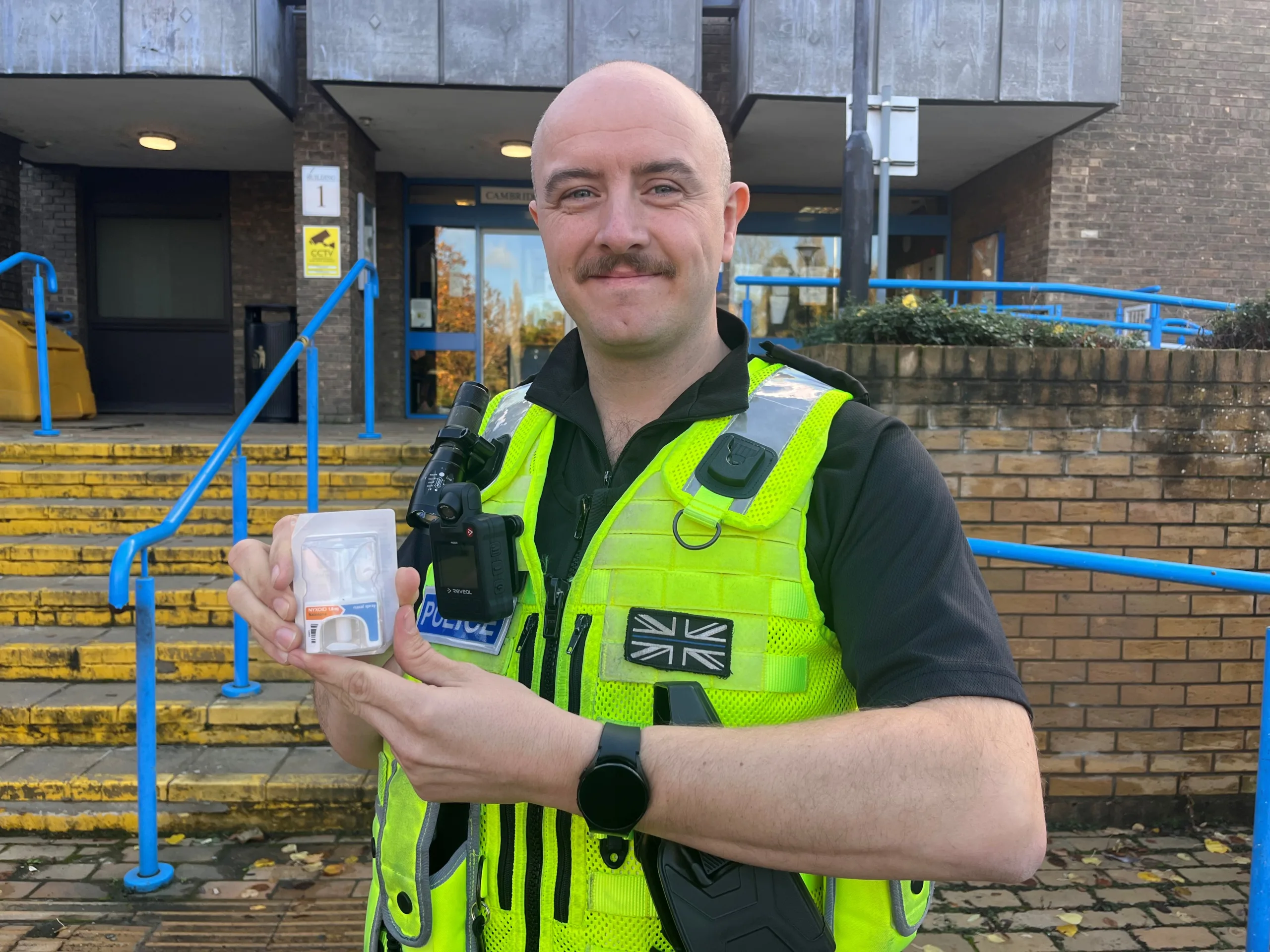 PC Sam Holliday of Peterborough city centre neighbourhood policing team demonstrating Naloxone. 