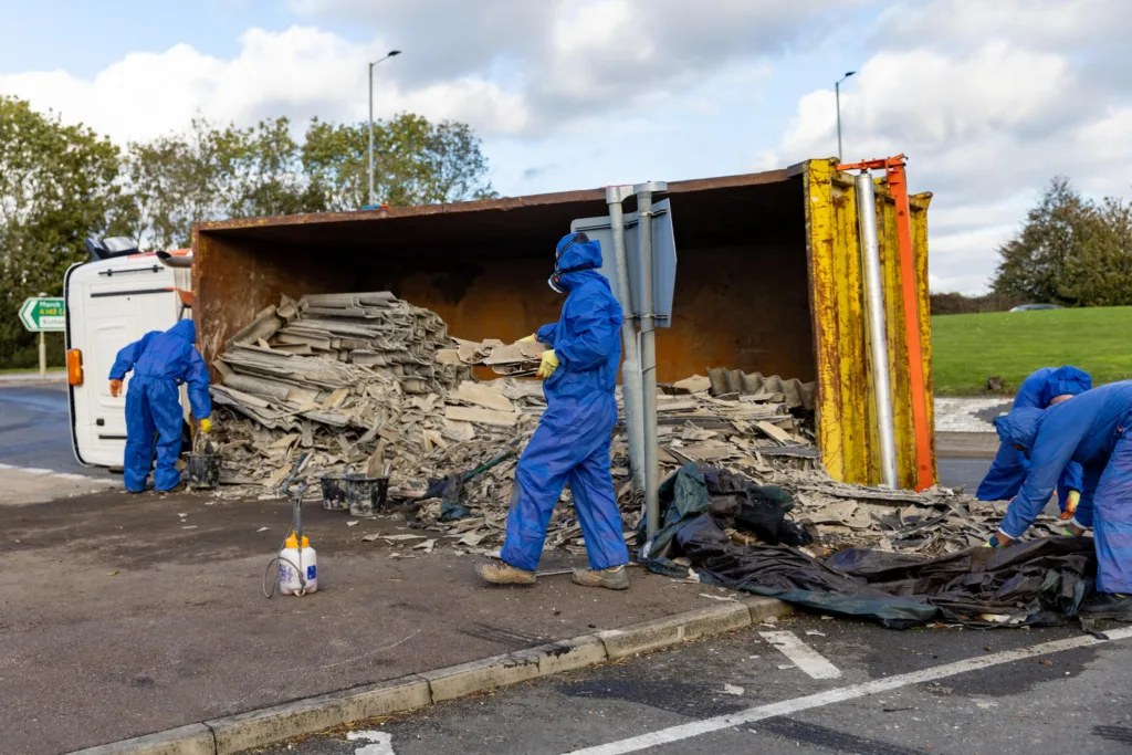 The scene at Witchford roundabout today as recovery takes place of the contents of a lorry that shed its load. PHOTO: Terry Harris for CambsNews
