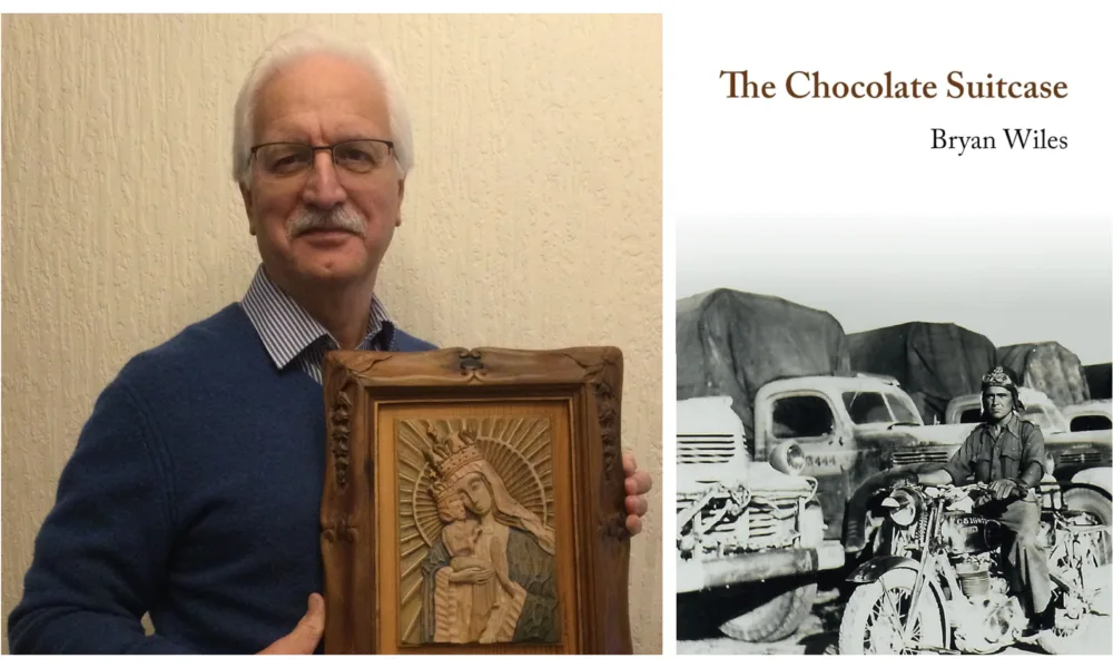 Author Bryan Wiles, with the copy that he carved of the Tadeusz Zielinski icon, the Mother of God Victorious, which was displayed at the altar before all the battles of the Second Polish Corps and front cover of the book