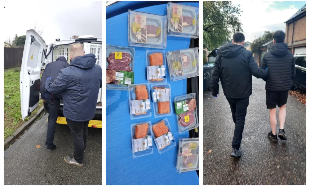 Blake Healy (right) and Zak Wales being arrested. The meat and fish also in the photo had been stolen by Zak Wales.