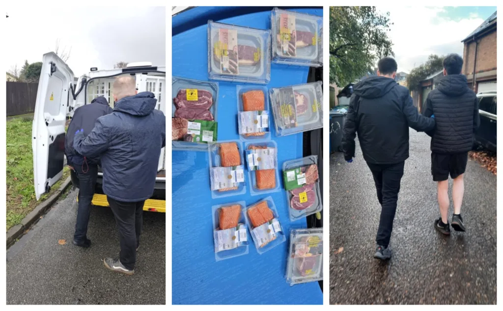 Blake Healy (right) and Zak Wales being arrested. The meat and fish also in the photo had been stolen by Zak Wales.