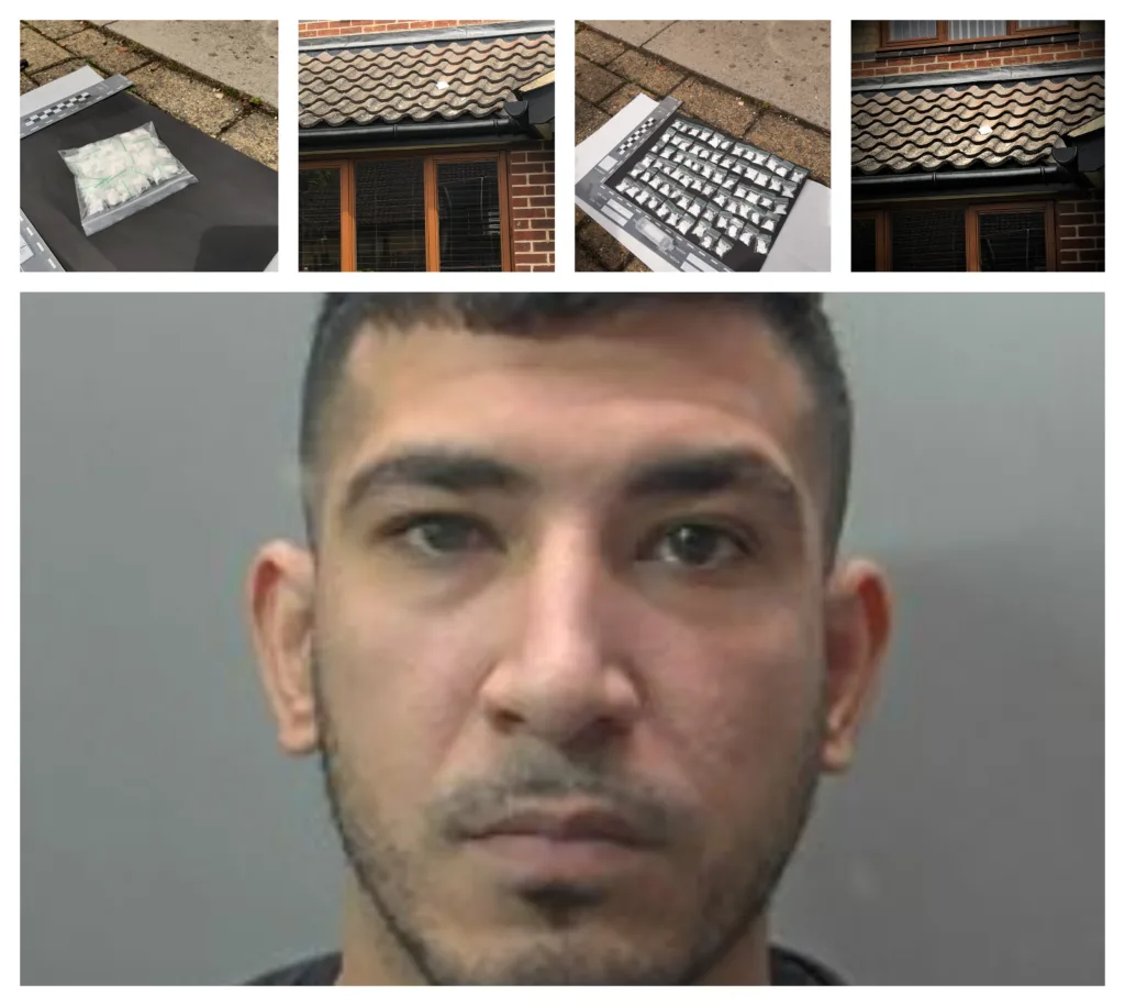 Alqasim Najib, 27, with photos of the cocaine bags that landed on the roof after he threw them from his bedroom window when police came calling.