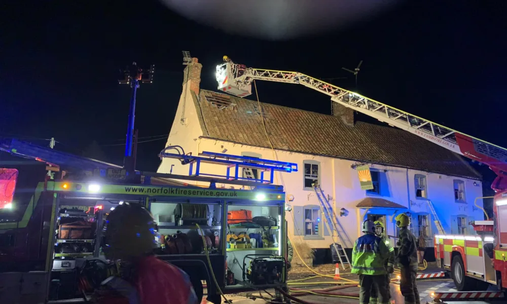 Fire crews at the Rising Sun public house, Leverington near Wisbech.