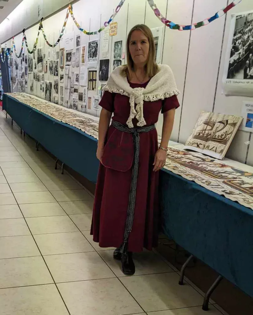 Mia Hanson took part of her Bayeux Tapestry to Wisbech Corn Exchange Conservation Trust's exhibition hall on Saturday: she was able to display almost 16 metres of tapestry. The walls were lined with photos and information about The Corn Exchange. 