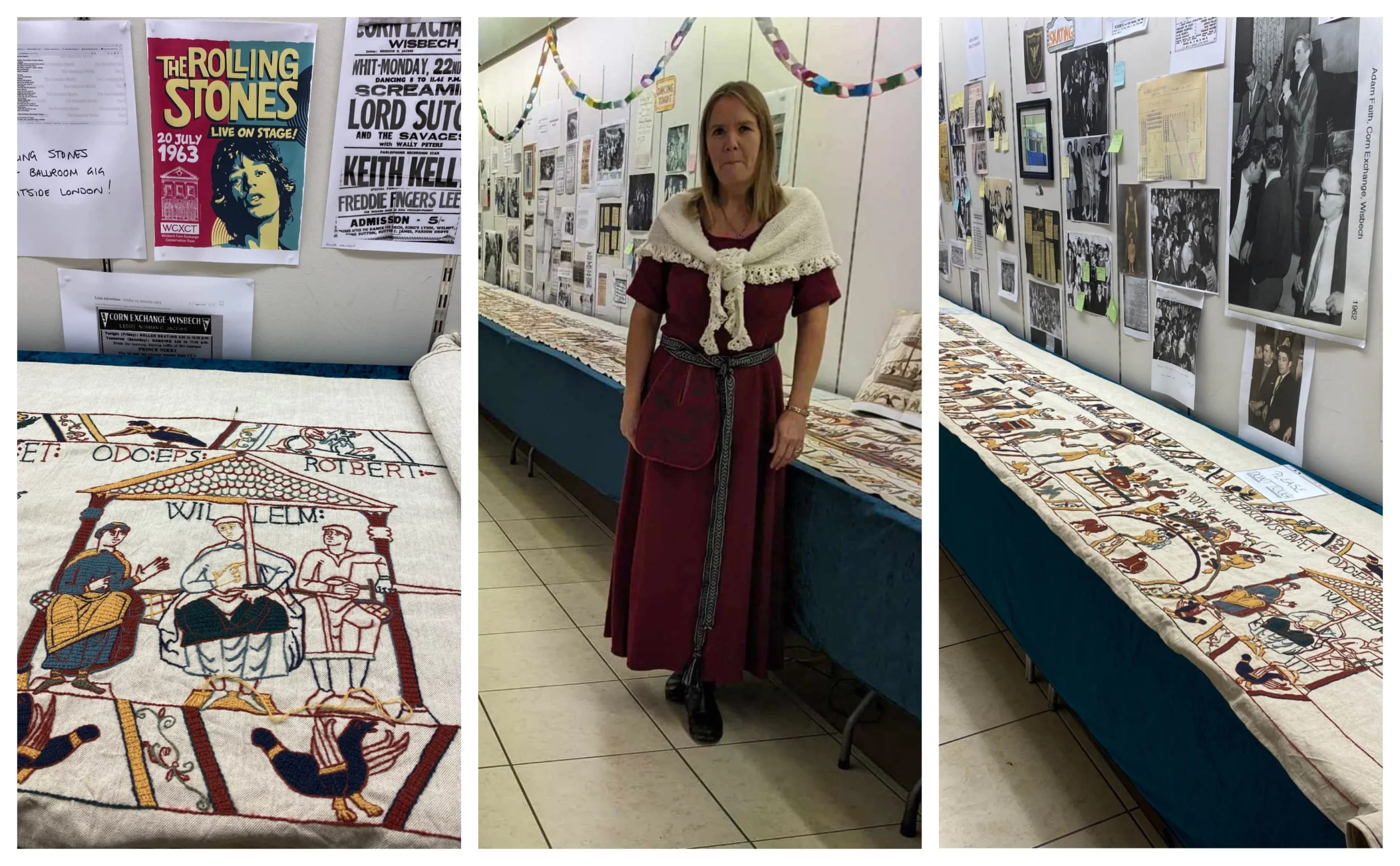 Mia Hanson took part of her Bayeux Tapestry to Wisbech Corn Exchange Conservation Trust's exhibition hall on Saturday: she was able to display almost 16 metres of tapestry. The walls were lined with photos and information about The Corn Exchange.