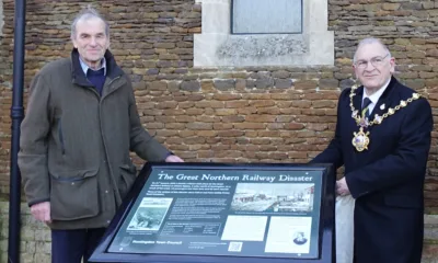 The newly installed interpretation board was unveiled by Cllr Phil Pearce, Mayor of Huntingdon, and Charles Saunders, who recently restored the grave of victim Dion William Boucicault.