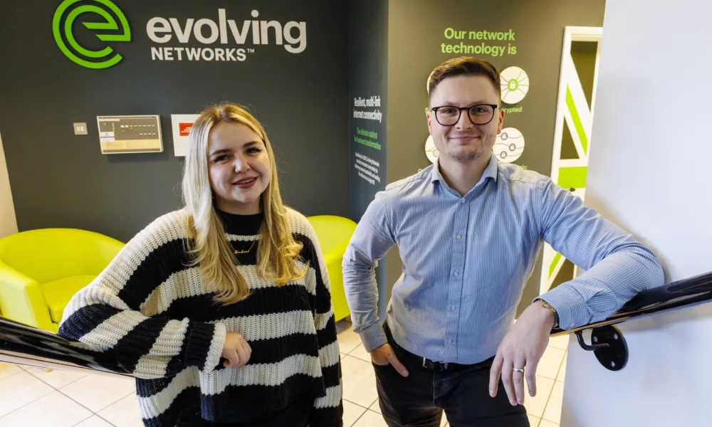 Evolving Networks' Head of People and Culture Amber Roberts, and General Manager, Ben Wright. Both started as apprentices and are now using apprenticeships to power forward the business. Picture: Cambridgeshire and Peterborough Combined Authority.