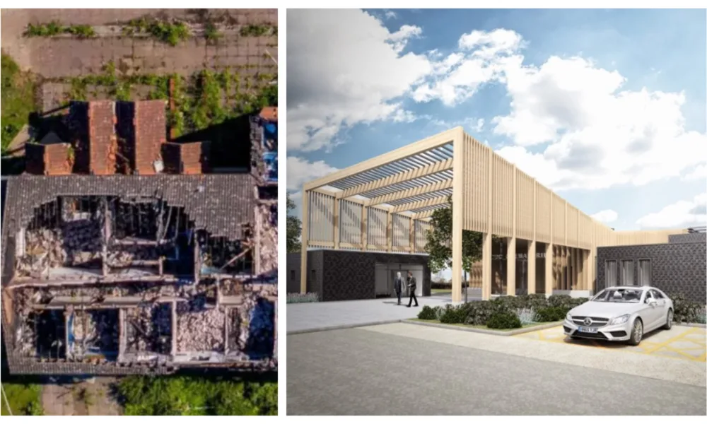 Aerial view from 2020 of the fire ravaged Mepal centre (left) and an architect’s impression of the £9m crematorium planned by East Cambridgeshire District Council.