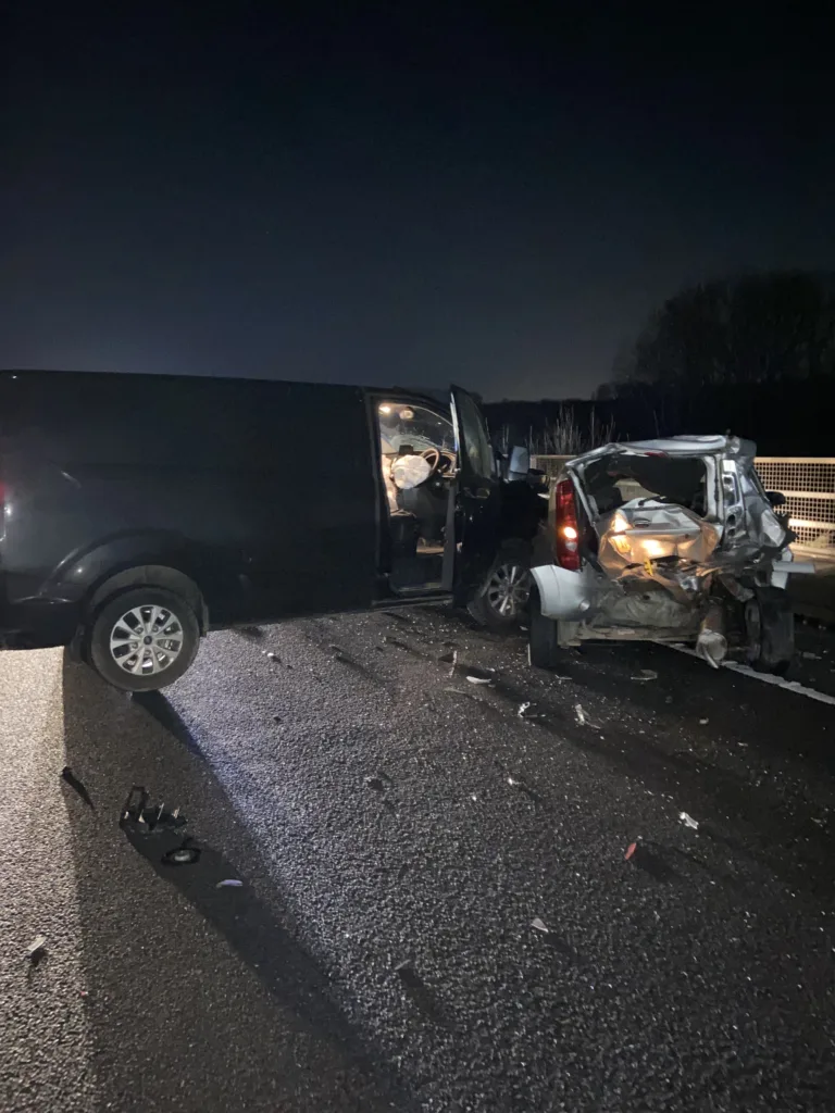 Aftermath of the crash on the Nene Parkway, Peterborough, in which a driver sustained a serious injury