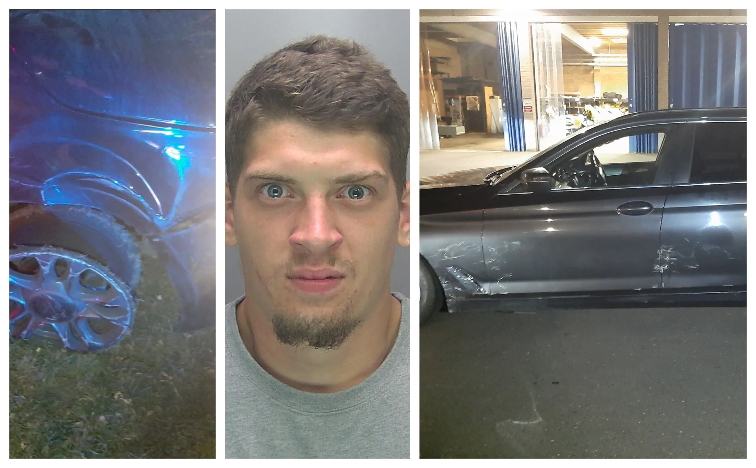 Logan Cook, 22, (centre) jailed after ramming police vehicles (right) and putting lives at risk by failing to stop in Peterborough. His car is on the left.