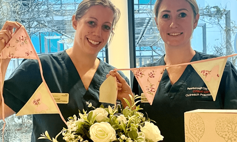 Critical Outreach Nurse Practitioners Lois Kendall and Natasha Steels-Webb with some of the Wedding Box items.