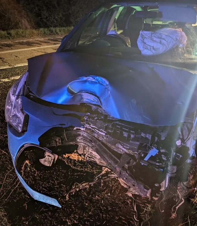 Police released photos of the crash on the A1123 Dimmock’s Cote Road between Stretham and Wicken. The driver was not insured.