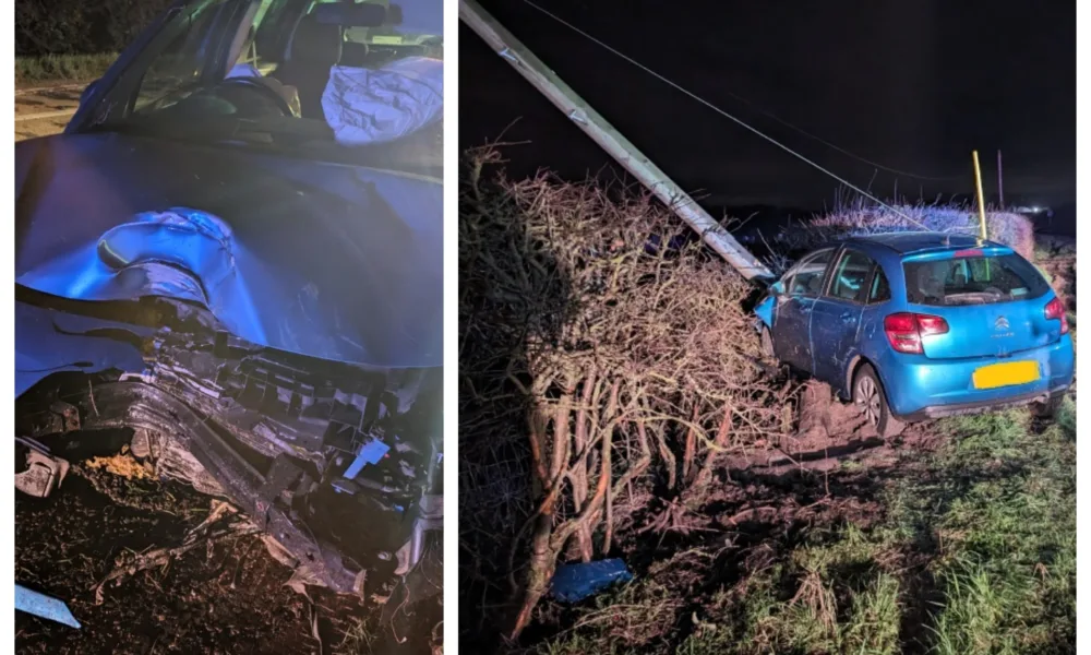 Police released photos of the crash on the A1123 Dimmock’s Cote Road between Stretham and Wicken. The driver was not insured.