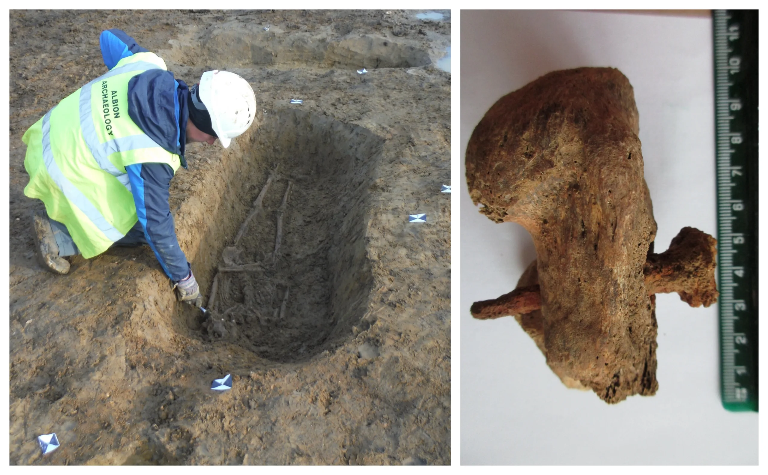 Nail lodged in the heel of the crucified man (credit: Albion Archaeology) and grave where the remains of the crucified man were discovered (credit: Albion Archaeology)