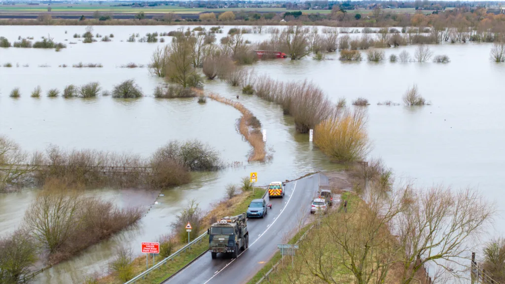 Recovery team from Manchetts were praised for their efforts in retrieving this cab and trailer that the driver was forced to abandon in the early hours of Monday on the flooded A1101 Welney Wash Road. PHOTO: Bav Media 