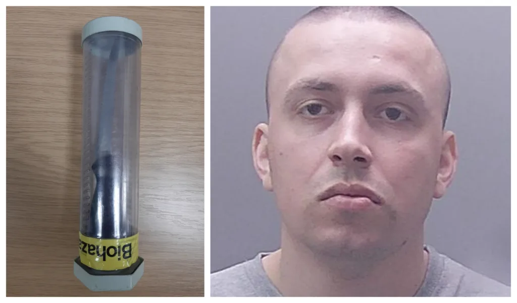 Kyle Wojtowych, 27, with the knife used to attack teenage boy in Station Road, March, Cambridgeshire.