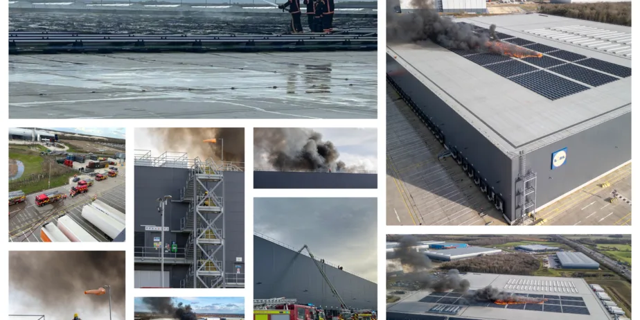 Scenes from today’s fire at the Lidl distribution depot in Peterborough. At one stage some 60 firefighters were brought in to tackle – and contain – the fire after solar panels on the roof caught fire. PHOTOS: Terry Harris for CambsNews and Cambridgeshire Fire and Rescue