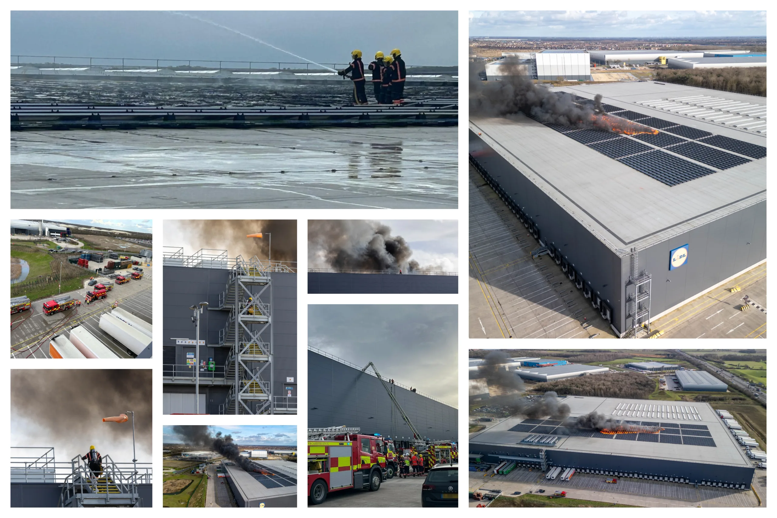 Scenes from today’s fire at the Lidl distribution depot in Peterborough. At one stage some 60 firefighters were brought in to tackle – and contain – the fire after solar panels on the roof caught fire. PHOTOS: Terry Harris for CambsNews and Cambridgeshire Fire and Rescue