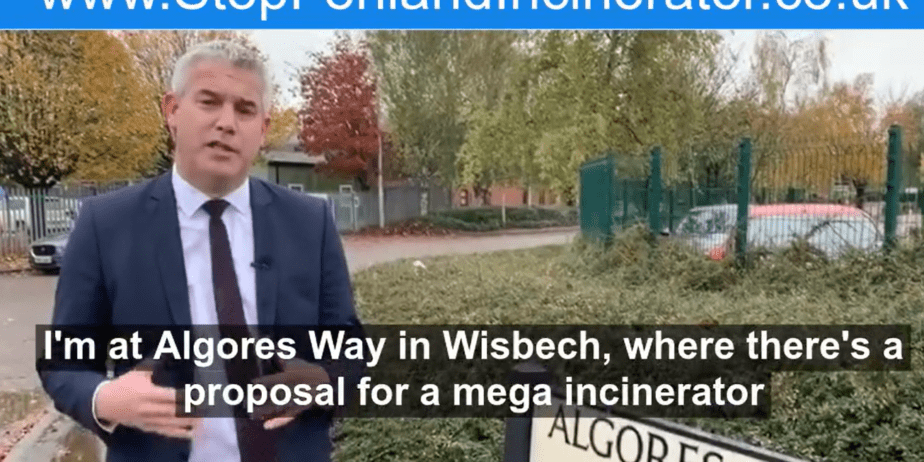 2019: MP Steve Barclay visits Algores Way, Wisbech, to highlight his campaign to stop a mega incinerator being built there. Mr Barclay has been a long term and persistent critic of the incinerator.