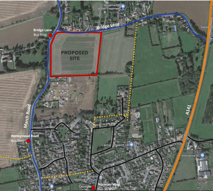 Bellway Homes building 88 homes on a nine-acre site off March Road, Wimblington - known as Primrose Grove (visual, right). On the left is the outline plans showing location of the bus stops