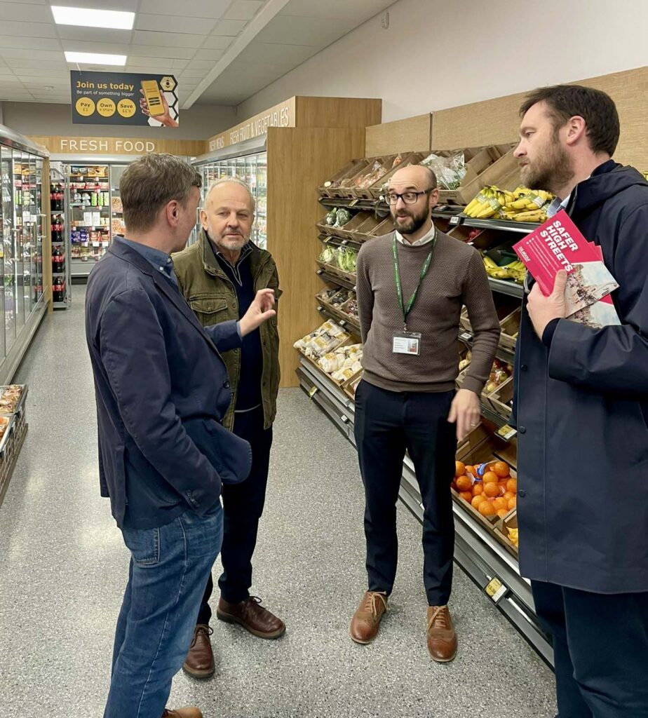 Alongside Cllr Anna Smith, Labour’s candidate to be Cambridgeshire Police and Crime Commissioner, Andrew Pakes, Labour’s Parliamentary candidate for Peterborough, has been leading a campaign for tougher enforcement action against retail crimes and greater protection for shopworkers. Here meeting shop workers in Eye.