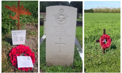 From left: Anniversary memorial placed by Brown Family, The grave of Sgt John Willis, Bury Cemetery, Lancashire, and memorial placed by local resident