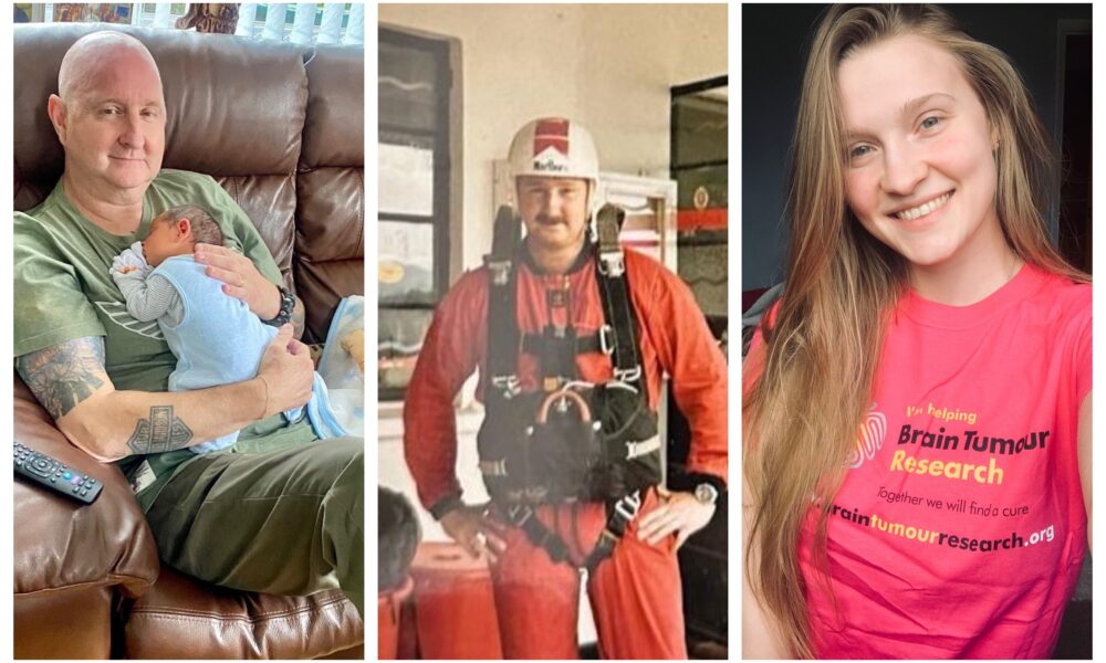 Photos show (left to right): Brain tumour patient Stuart Dunn with his son Thomas; Royal Marine Stuart Dunn getting ready to skydive in Hong Kong; Fundraiser Charlotte West who will be skydiving in aid of the charity Brain Tumour Research in her uncle’s memory.