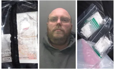 Lee Welsford, jailed, and photographs of drugs and cash seized by Cambridgeshire police.