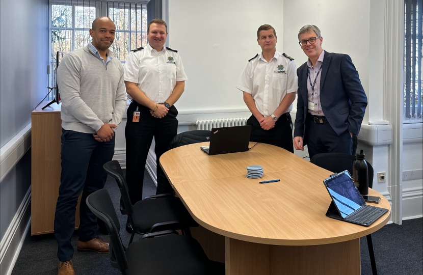 Matthew Warren (right) with (left) Ben Obese-Jecty the Conservative Parliamentary candidate for Huntingdon earlier this year. The candidate had asked to meet with Cambridgeshire Fire and Rescue. Others pictured are area commander Stuart Smith, and ACFO Jon Anderson.