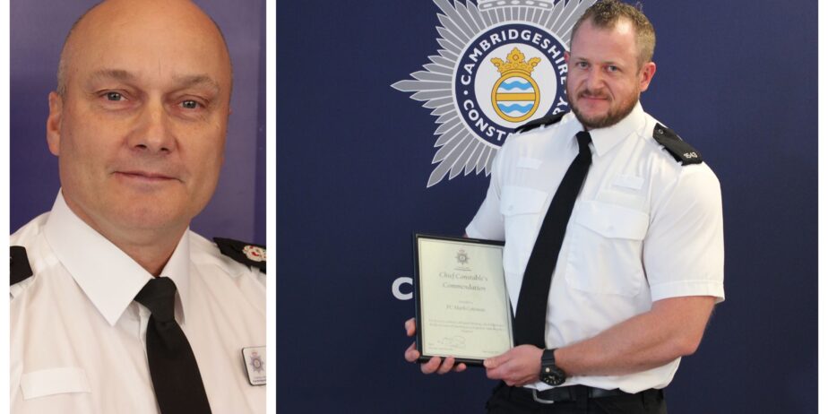 Chief constable Nick Dean (left) who had previously commended disgraced police officer Mark Coteman (right) for bravery, resilience, and quick thinking’