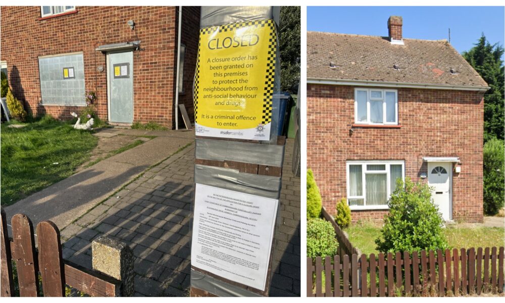 Astonishingly the then (right) photo of 42 Edinburgh Drive was taken just 2 years ago. On the left is what it looks like after police were given court permission to close it and board it up. PHOTO: Google and Cambs Police