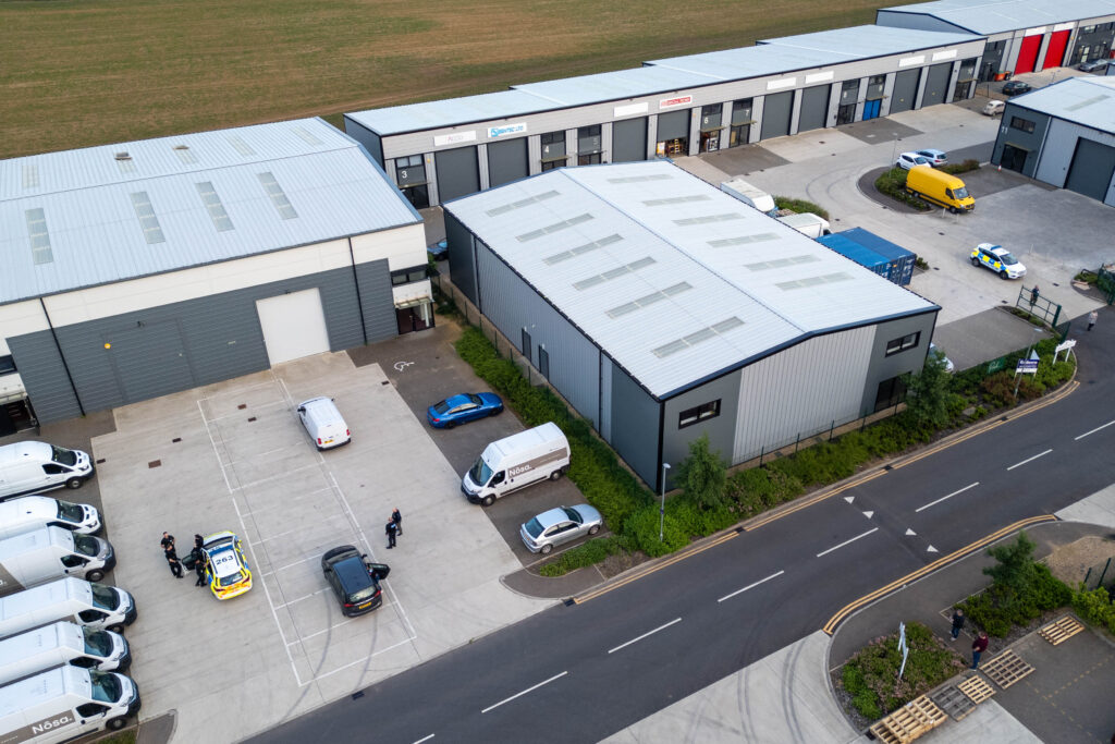 Police at the scene of a drugs raid at Harrier Way, Eagle Business Park, Yaxley. PHOTO: Terry Harris