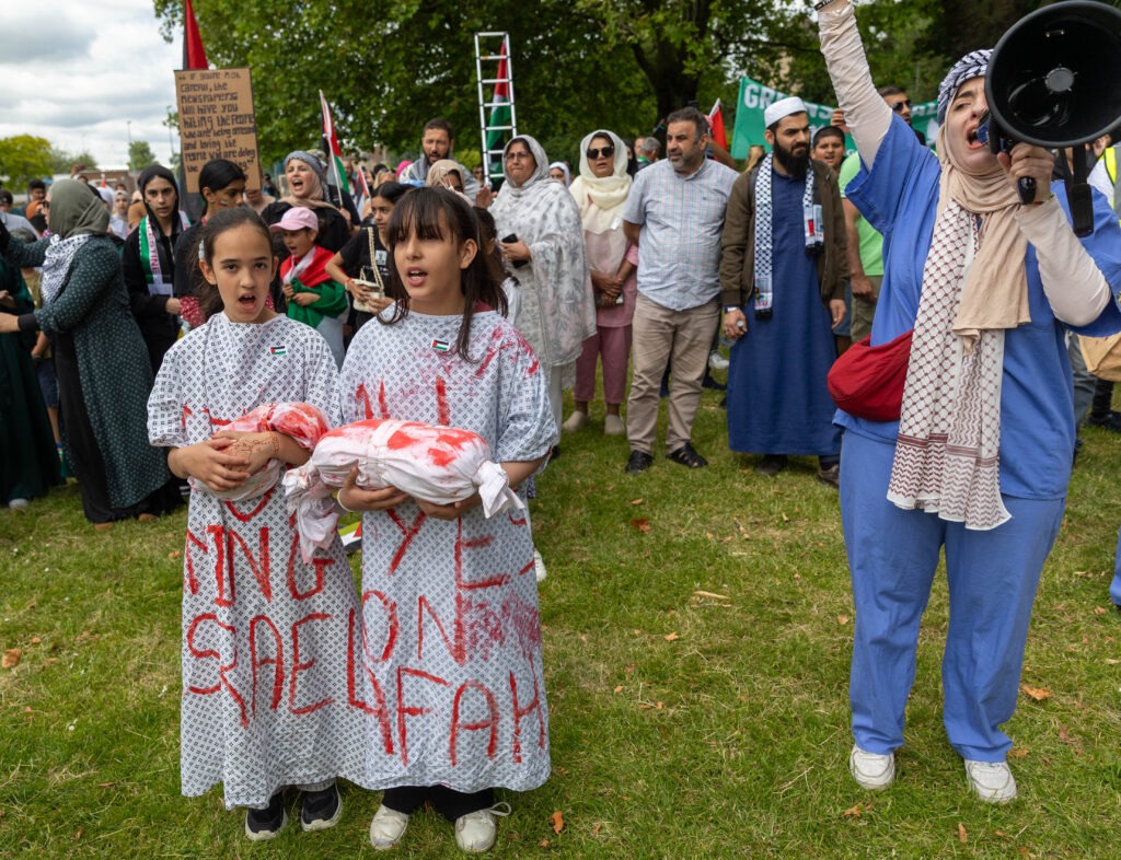 March for Free Palestine Peterborough. The march left Lincoln Road Park and ended at Cathedral Square where speakers addressed the public. Lincoln Road / Cathedral Square, Peterborough Sunday 23 June 2024. Picture by Terry Harris.