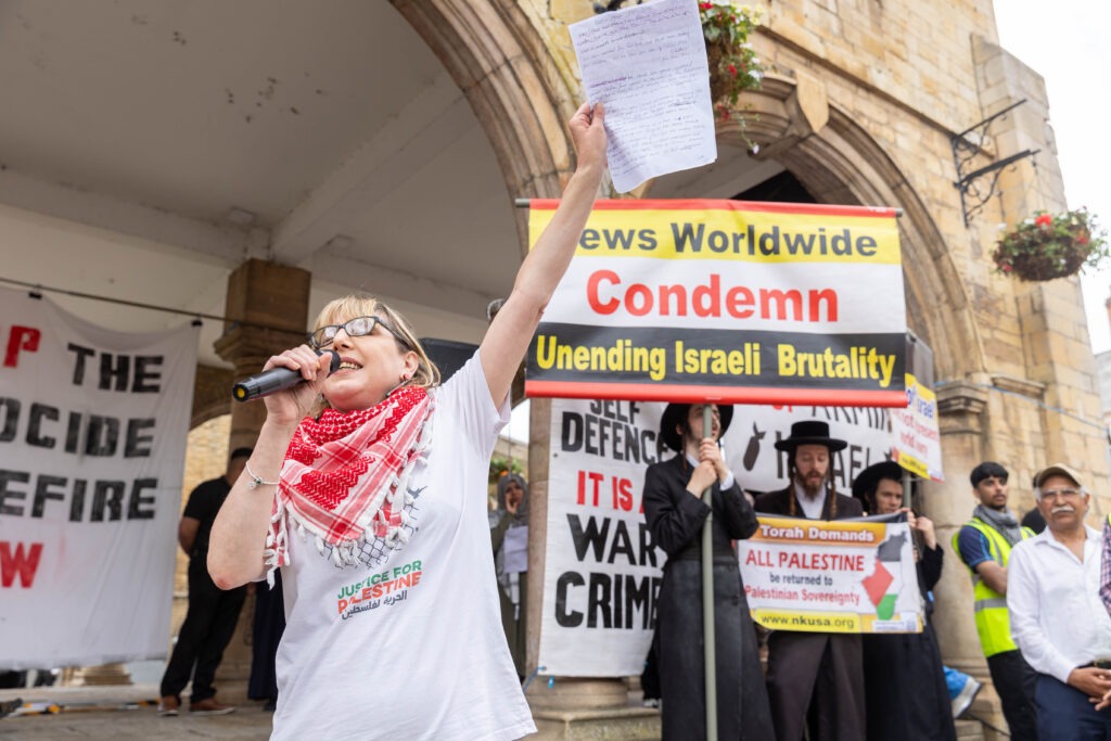 March for Free Palestine Peterborough. The march left Lincoln Road Park and ended at Cathedral Square where speakers addressed the public. Lincoln Road / Cathedral Square, Peterborough Sunday 23 June 2024. Picture by Terry Harris.