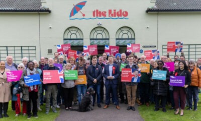 Labour launch in Peterborough: Candidates Andrew Pakes and Sam Carling with Labour supporters outside the Lido, Peterborough, on Saturday. PHOTO: Terry Harris