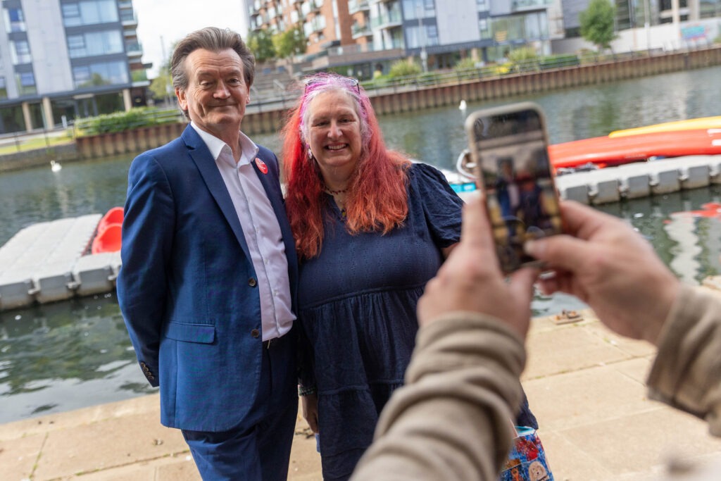 From punk rock to clean water campaigner: Feargal Sharkey in Peterborough on Monday to support Labour candidate Andrew Pakes. PHOTO: Terry Harris 