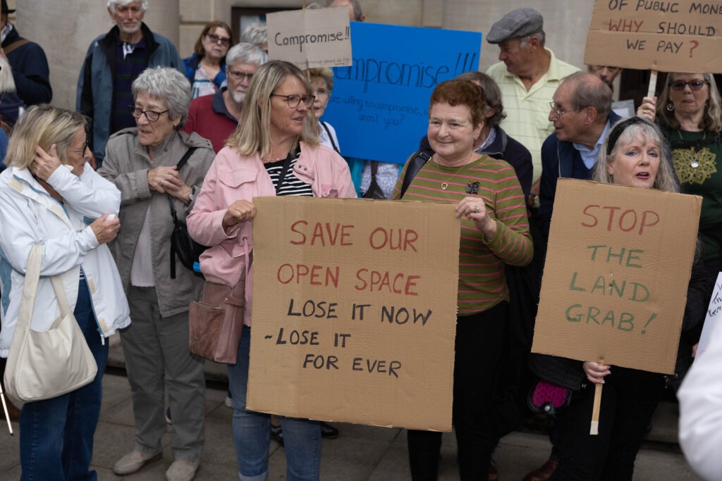 A public protest was staged ahead of a Cabinet meeting in Peterborough to decide on the fencing off of land to benefit Ken Stimpson Academy. Peterborough Tuesday 16 July 2024. Picture by Terry Harris.