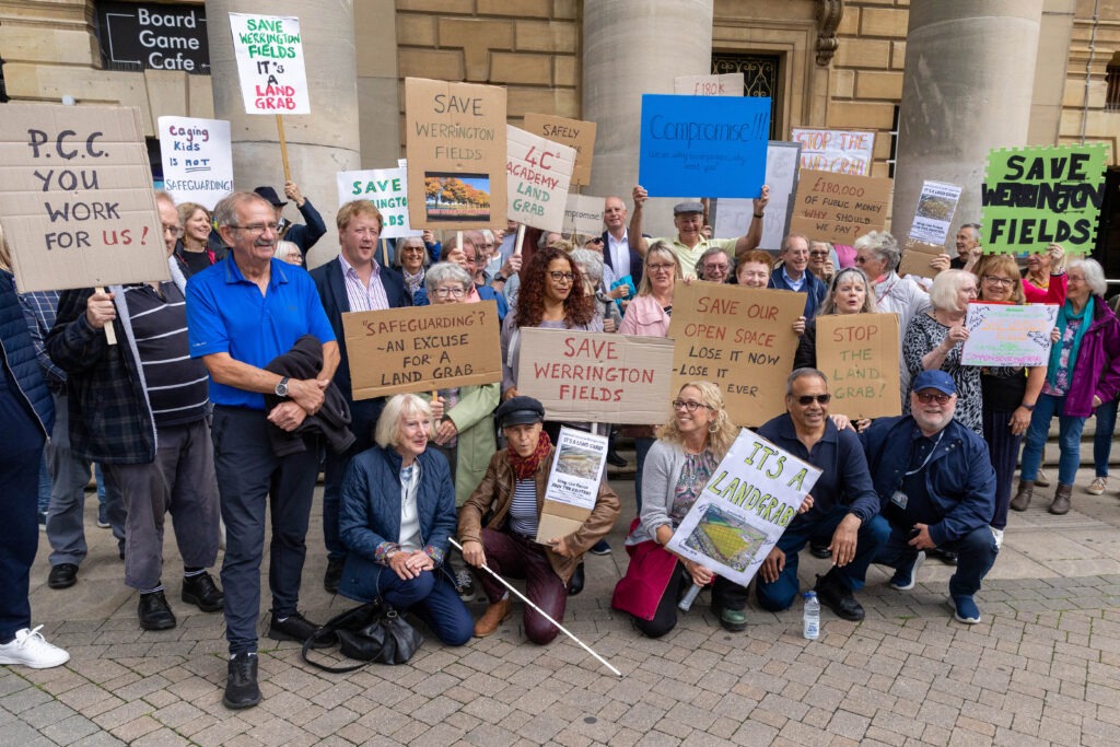 A public protest was staged ahead of a Cabinet meeting in Peterborough to decide on the fencing off of land to benefit Ken Stimpson Academy. Peterborough Tuesday 16 July 2024. Picture by Terry Harris.